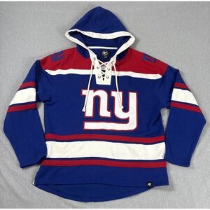 New‎ York Giants Hoodie Mens Large '47 Brand Blue Fleece Lined Sweatshirt Lacer